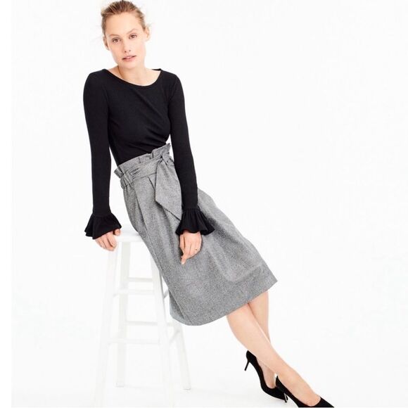 J. Crew Collection 100% Wool Houndstooth Plaid Paper Bag Midi Belted Skirt Sz S - Picture 10 of 12